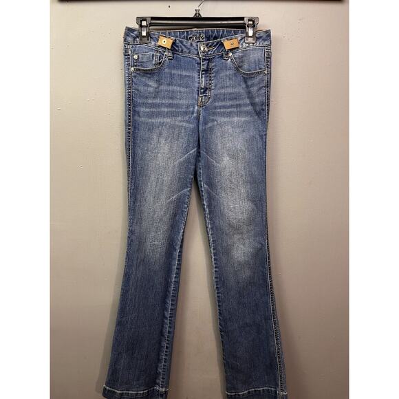 Cache Boot Cut Denim Jeans Womens size 4 Flap Pockets Distressed Stretch Classic - Picture 1 of 8